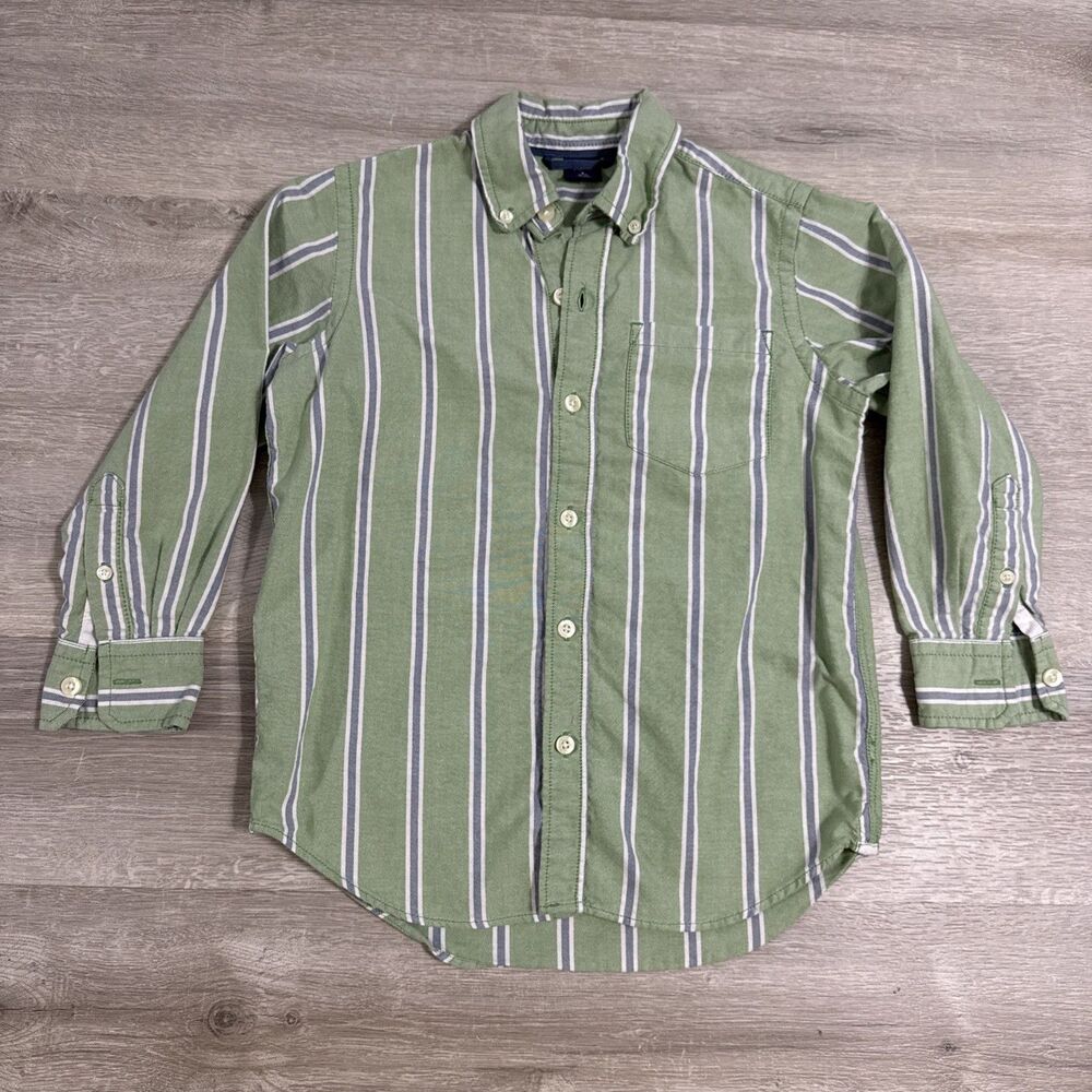Gap Kids Shirt Boys’ Small 6–7 Green Striped Cotton Oxford Button Down Preppy